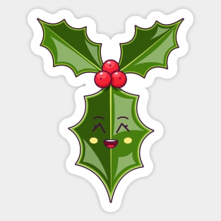 Cartoon Kawaii Holly Leaf with Grinning Face Sticker